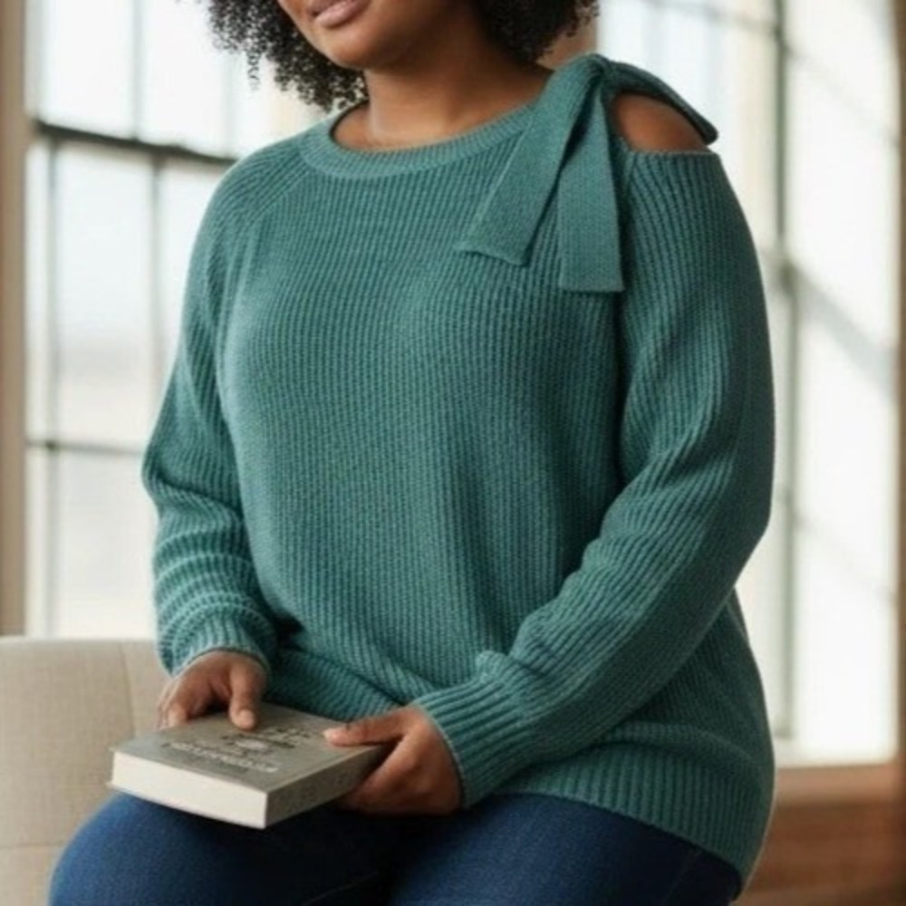 Bow Tie Open Shoulder Sweater Teal Blue Shaker Knit Long Sleeve Women's Large